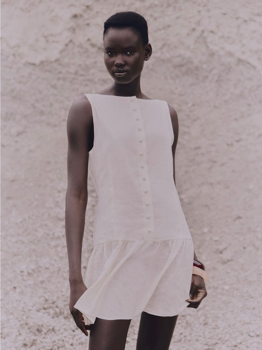 Sleeveless Ivory Drop-Waist Button-Back Dress - Picture 2 of 6